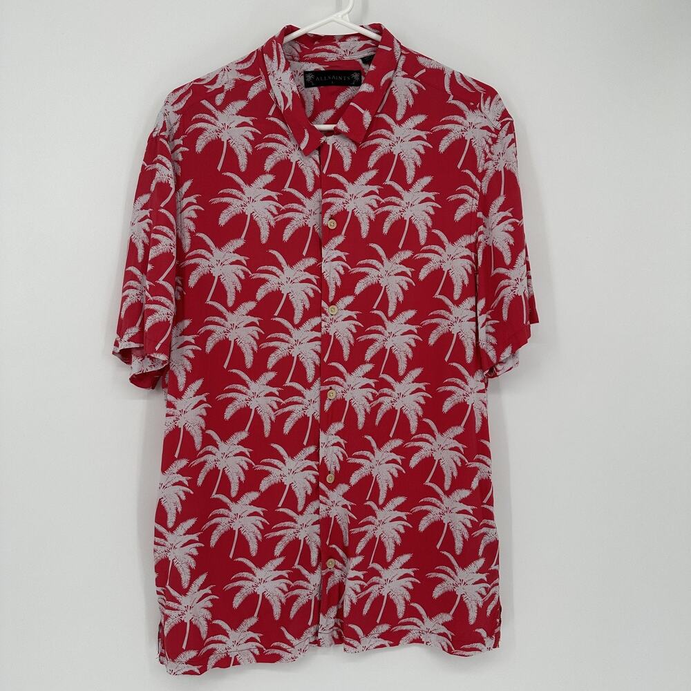 AllSaints Shirt Mens Large Red Palm Tree Hawaiian Camp Button Up Aloha Viscose - Picture 2 of 11
